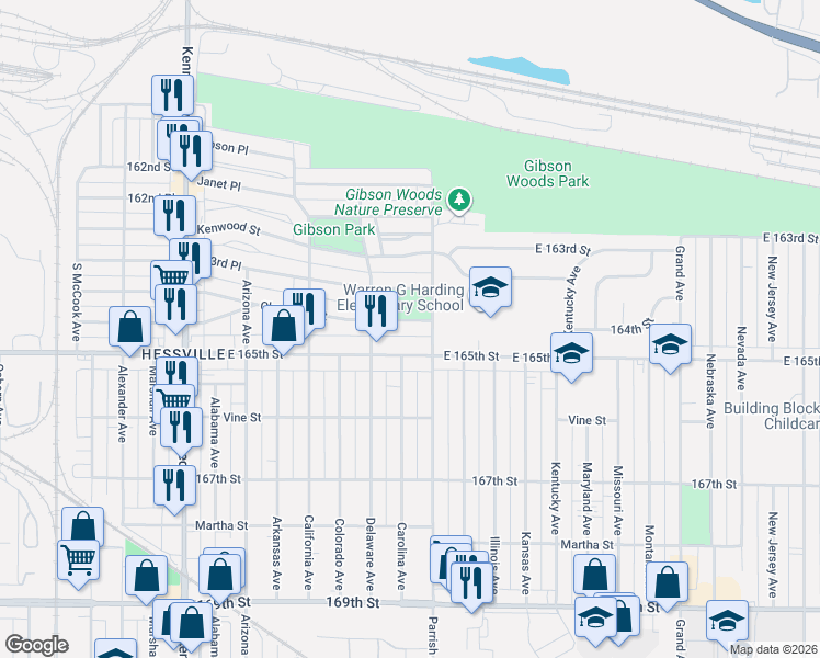 map of restaurants, bars, coffee shops, grocery stores, and more near 3134 Cleveland Street in Hammond