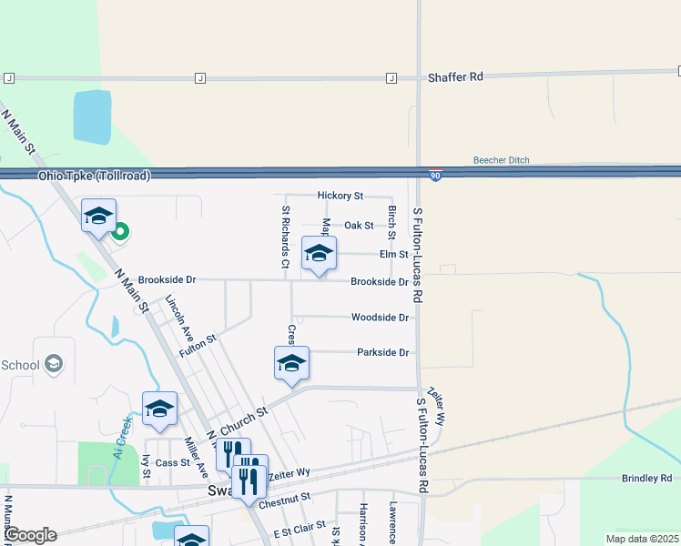 map of restaurants, bars, coffee shops, grocery stores, and more near 605 Brookside Drive in Swanton