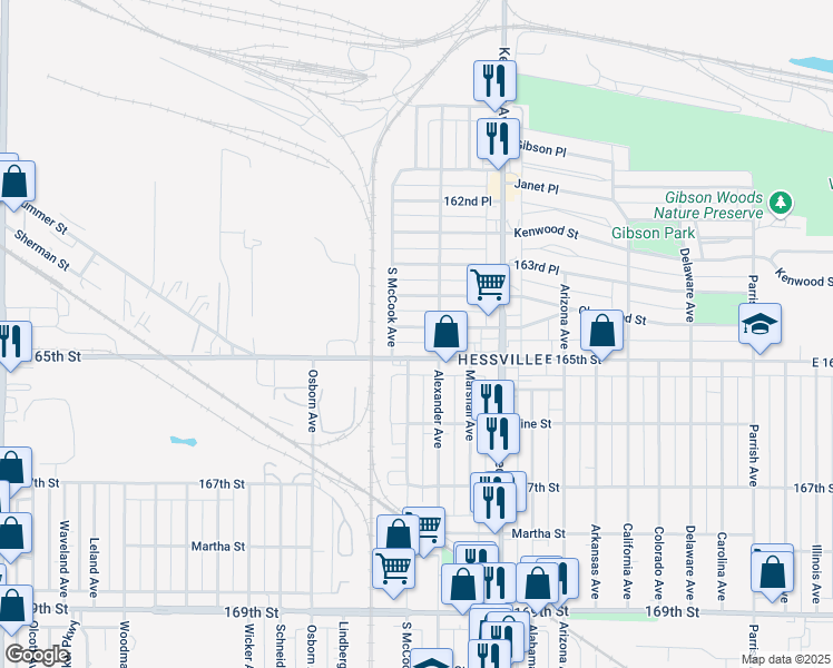 map of restaurants, bars, coffee shops, grocery stores, and more near 2636 164th Place in Hammond