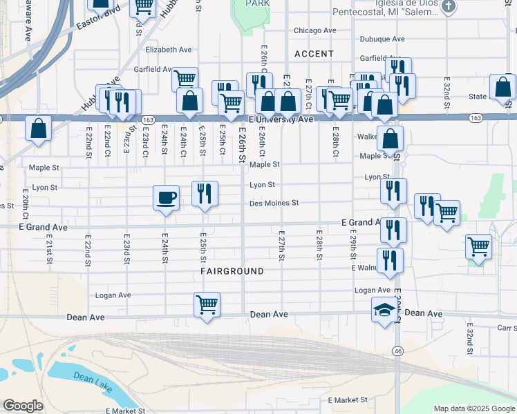 map of restaurants, bars, coffee shops, grocery stores, and more near 2617 Des Moines Street in Des Moines