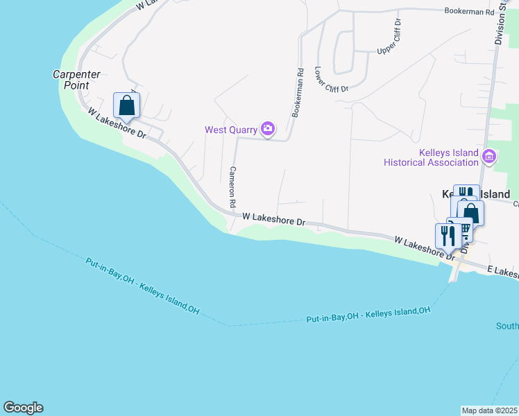 map of restaurants, bars, coffee shops, grocery stores, and more near 427 West Lakeshore Drive in Kelleys Island