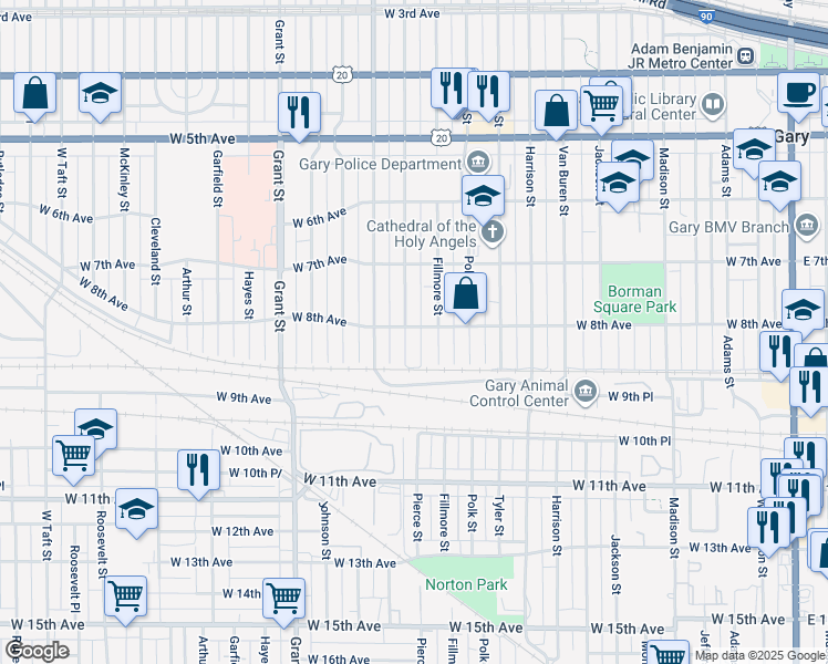 map of restaurants, bars, coffee shops, grocery stores, and more near 803 Pierce Street in Gary