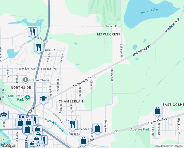 map of restaurants, bars, coffee shops, grocery stores, and more near 701 Middlebury Street in Goshen
