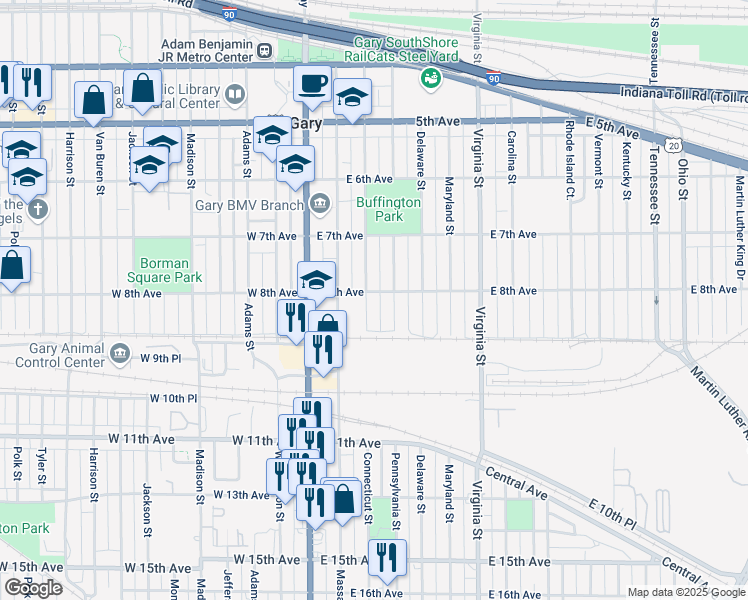 map of restaurants, bars, coffee shops, grocery stores, and more near 801 Connecticut Street in Gary
