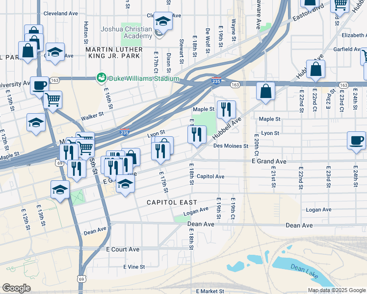 map of restaurants, bars, coffee shops, grocery stores, and more near 1751 Des Moines Street in Des Moines