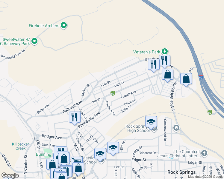 map of restaurants, bars, coffee shops, grocery stores, and more near 1213 10th Street in Rock Springs