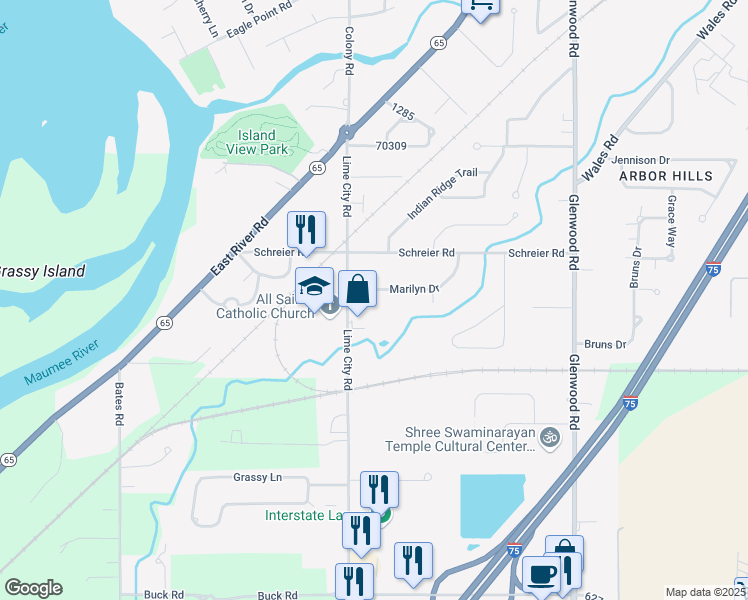 map of restaurants, bars, coffee shops, grocery stores, and more near 651 Marilyn Drive in Rossford