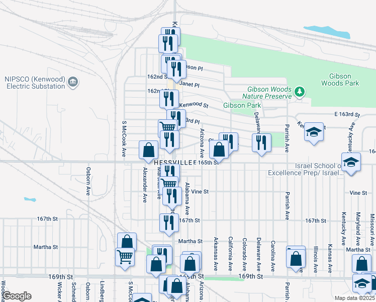 map of restaurants, bars, coffee shops, grocery stores, and more near 2826 164th Place in Hammond