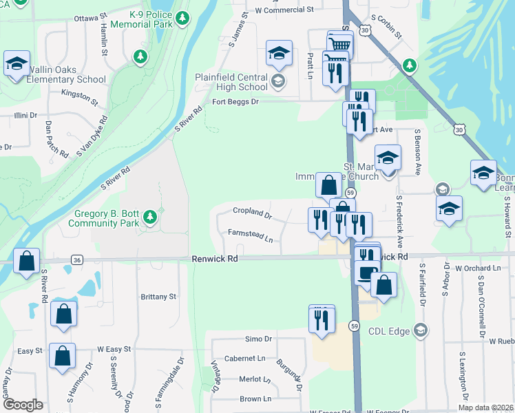 map of restaurants, bars, coffee shops, grocery stores, and more near 24228 Cropland Drive in Plainfield