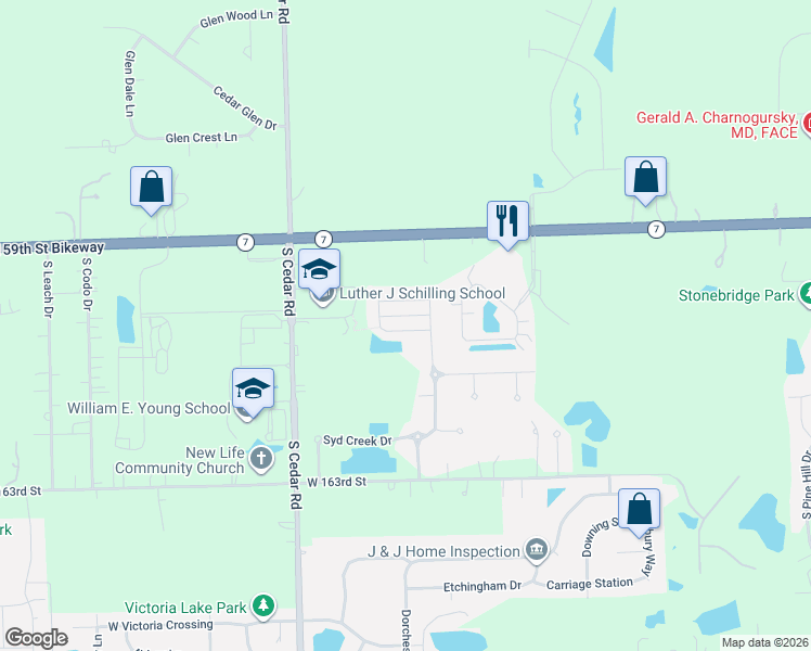 map of restaurants, bars, coffee shops, grocery stores, and more near 14606 Park Place in Homer Glen