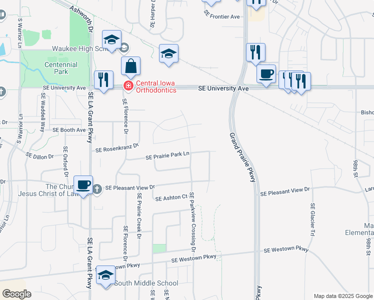 map of restaurants, bars, coffee shops, grocery stores, and more near 725 Southeast Prairie Park Lane in Waukee