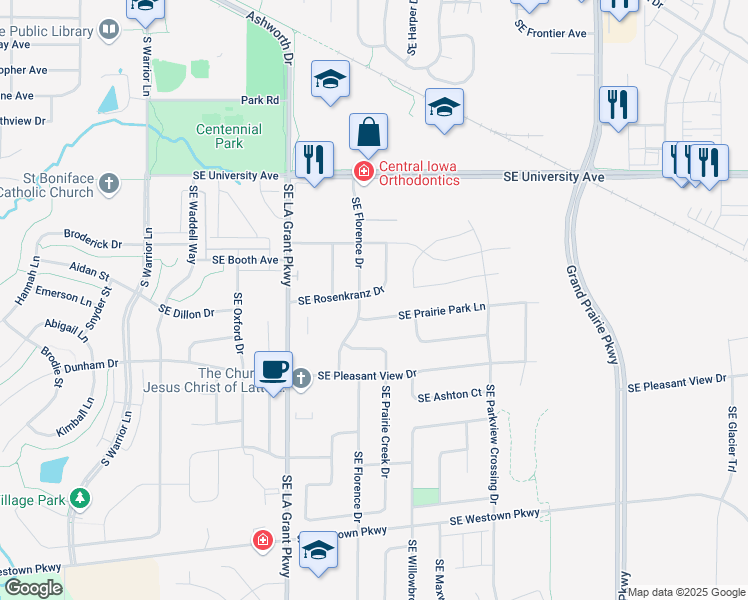 map of restaurants, bars, coffee shops, grocery stores, and more near 510 Southeast Rosenkranz Drive in Waukee