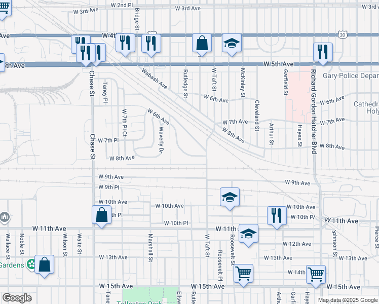 map of restaurants, bars, coffee shops, grocery stores, and more near 2408 Waverly Drive in Gary