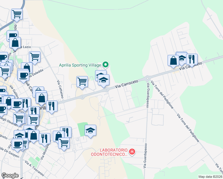 map of restaurants, bars, coffee shops, grocery stores, and more near 154 Via Carroceto in Aprilia