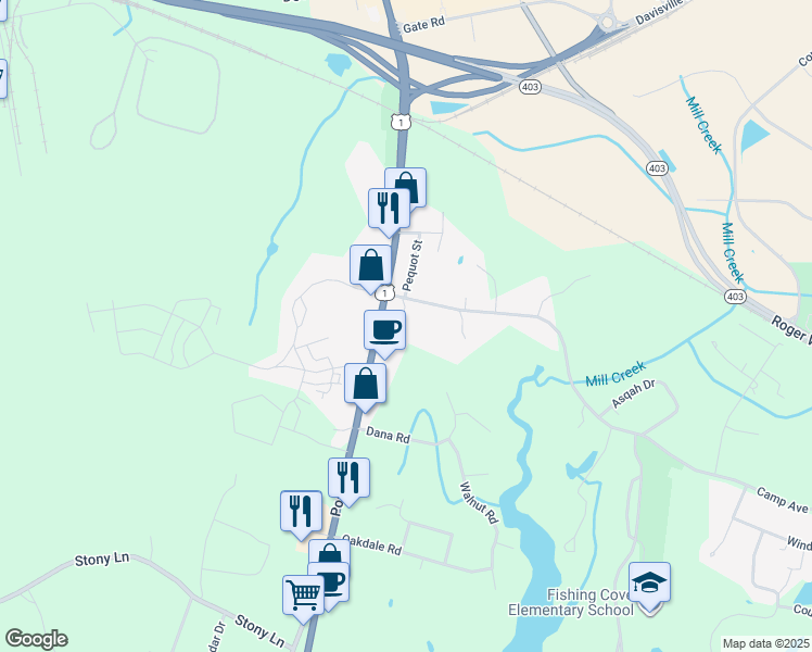 map of restaurants, bars, coffee shops, grocery stores, and more near 28 Tully Way in North Kingstown