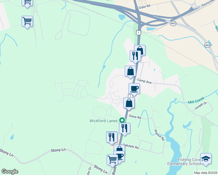 map of restaurants, bars, coffee shops, grocery stores, and more near 62 Morningside Drive in North Kingstown