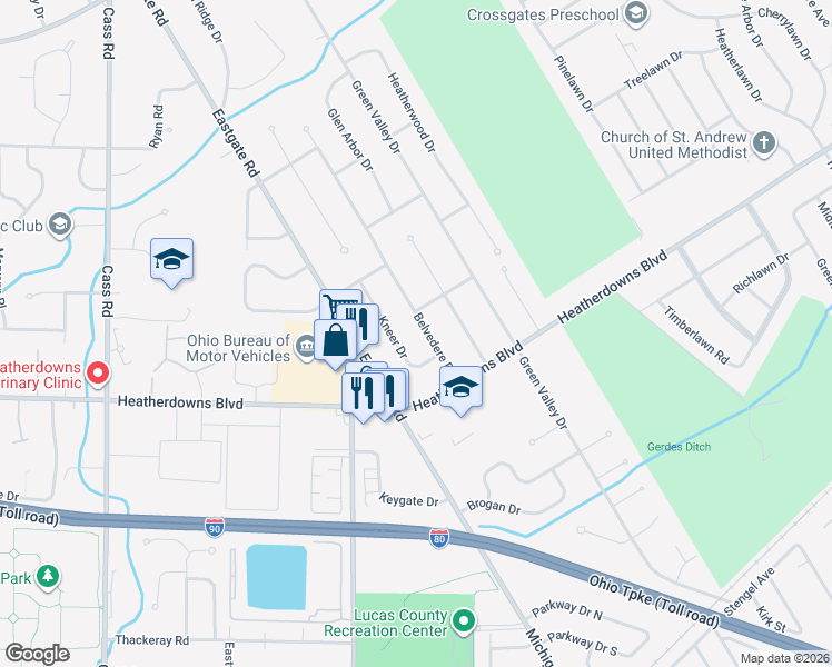 map of restaurants, bars, coffee shops, grocery stores, and more near 2320 Belvedere Drive in Toledo