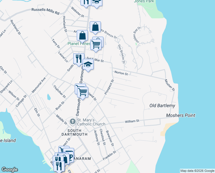 map of restaurants, bars, coffee shops, grocery stores, and more near 118 Prospect Street in Dartmouth