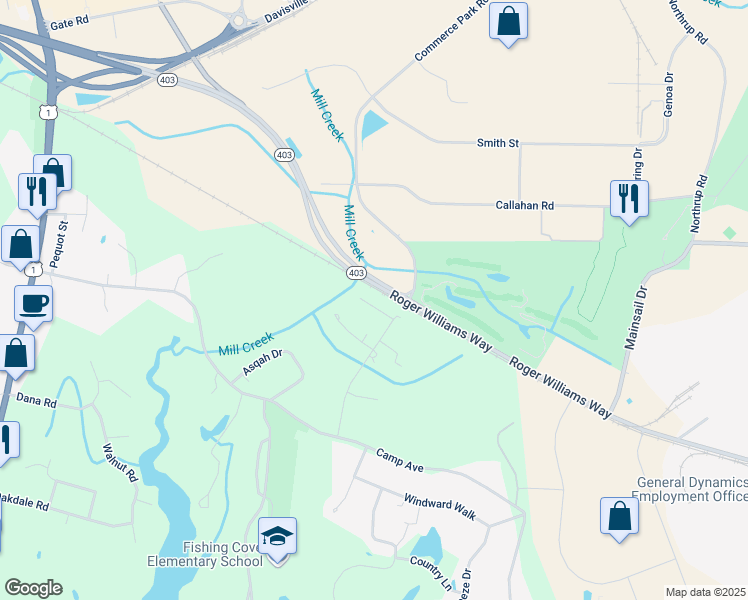 map of restaurants, bars, coffee shops, grocery stores, and more near 119 Ripple Lane in North Kingstown