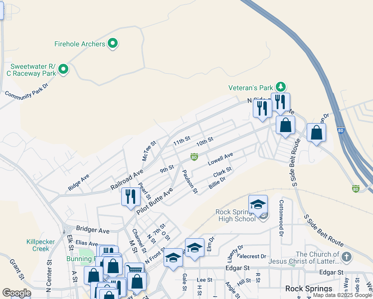 map of restaurants, bars, coffee shops, grocery stores, and more near 1213 10th Street in Rock Springs
