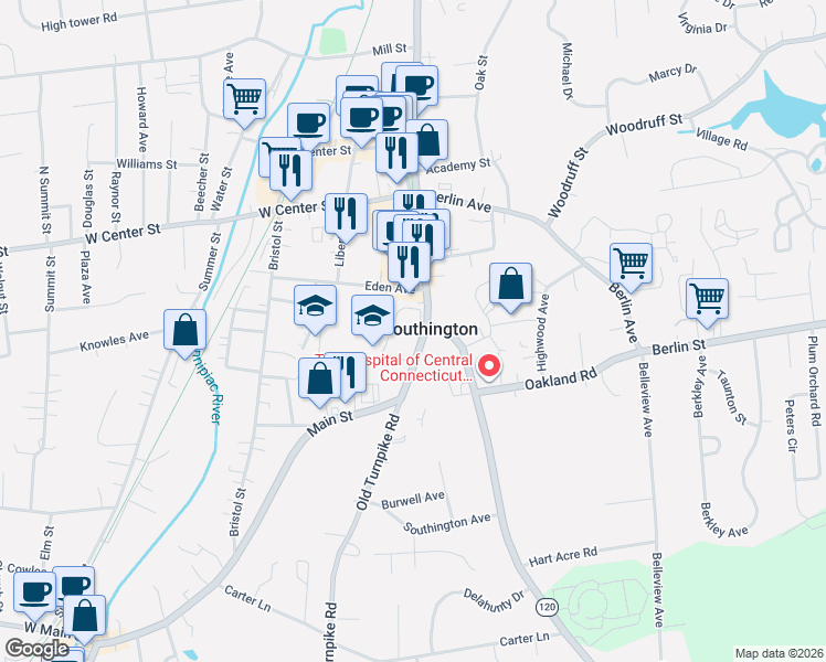 map of restaurants, bars, coffee shops, grocery stores, and more near 254-276 Main St in Southington