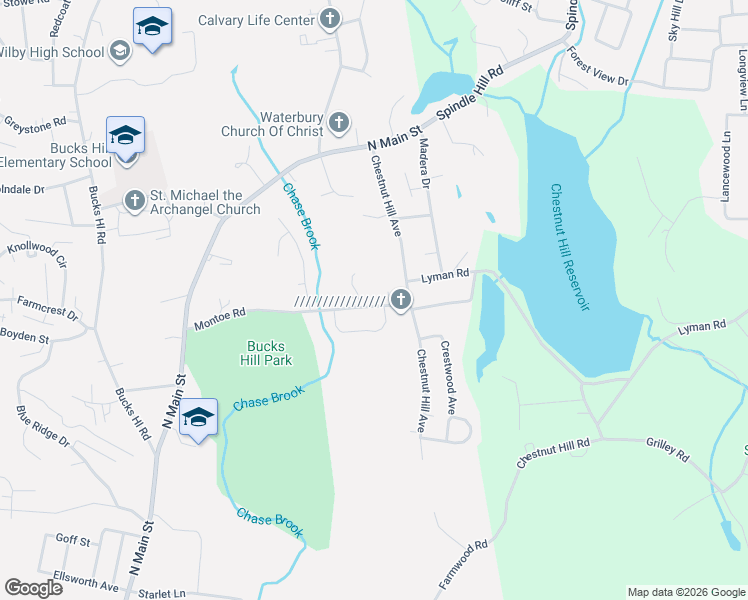 map of restaurants, bars, coffee shops, grocery stores, and more near 221 Montoe Road in Waterbury