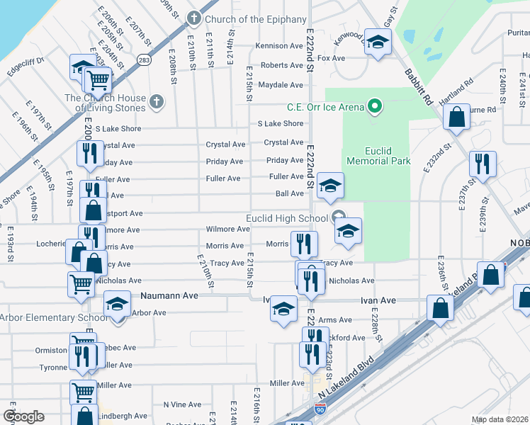 map of restaurants, bars, coffee shops, grocery stores, and more near 21670 Westport Avenue in Euclid