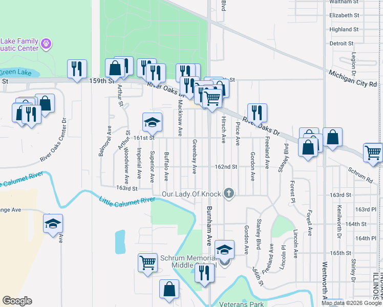 map of restaurants, bars, coffee shops, grocery stores, and more near 1319 Mackinaw Avenue in Calumet City