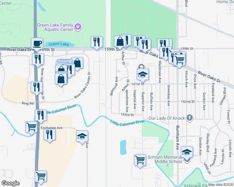 map of restaurants, bars, coffee shops, grocery stores, and more near 1330 Arthur Street in Calumet City