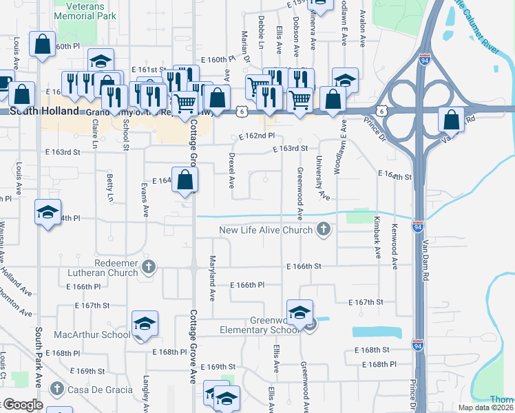 map of restaurants, bars, coffee shops, grocery stores, and more near 937 East 164th Court in South Holland