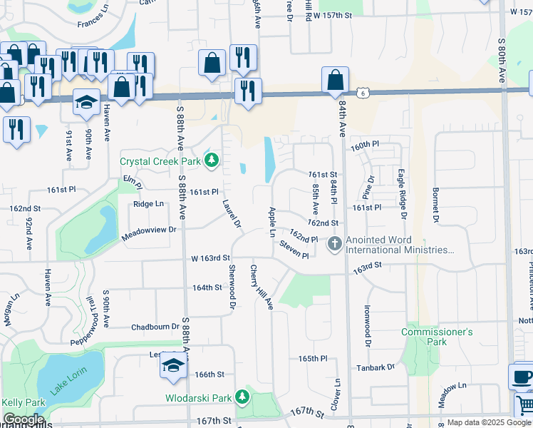 map of restaurants, bars, coffee shops, grocery stores, and more near 16200 Apple Lane in Tinley Park