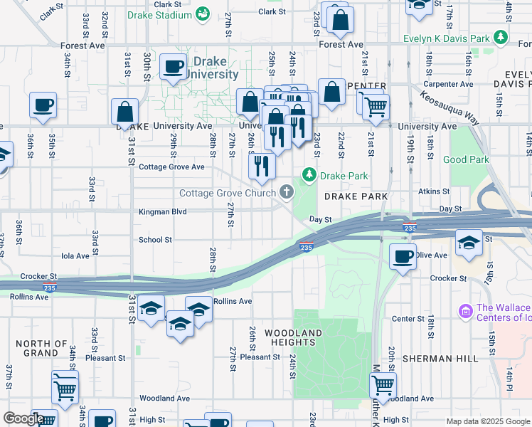 map of restaurants, bars, coffee shops, grocery stores, and more near 2416 Kingman Boulevard in Des Moines