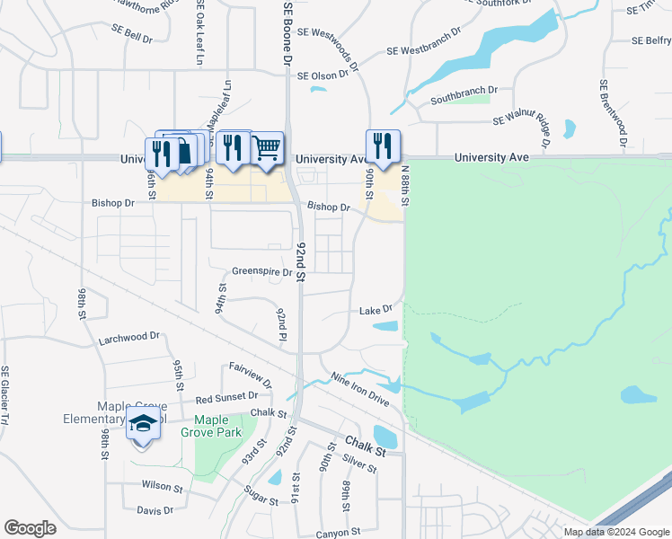 map of restaurants, bars, coffee shops, grocery stores, and more near Coneflower Drive in West Des Moines