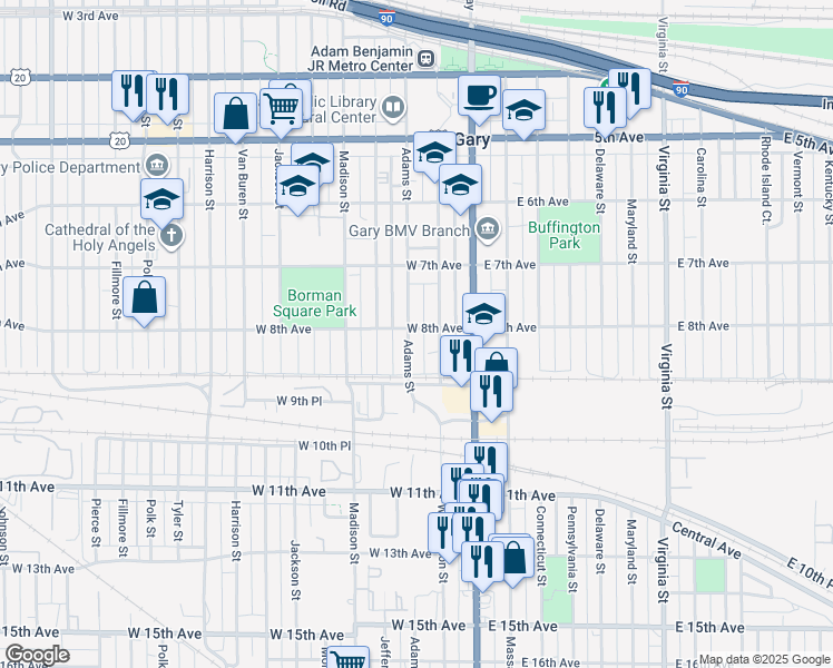 map of restaurants, bars, coffee shops, grocery stores, and more near 805 Adams Street in Gary