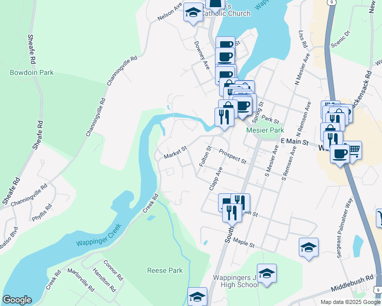 map of restaurants, bars, coffee shops, grocery stores, and more near 10 Dutchess Avenue in Wappingers Falls