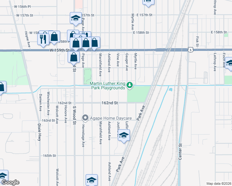 map of restaurants, bars, coffee shops, grocery stores, and more near 16125 Ashland Avenue in Markham