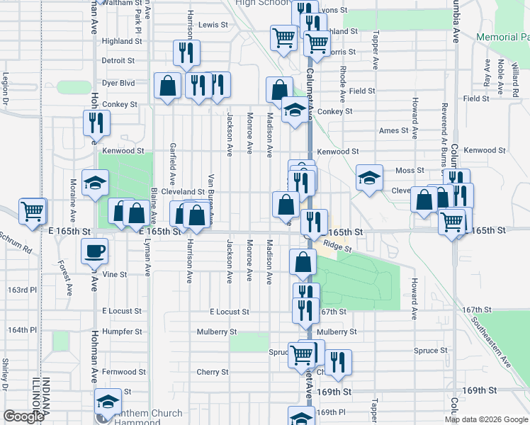 map of restaurants, bars, coffee shops, grocery stores, and more near 6422 Madison Avenue in Hammond