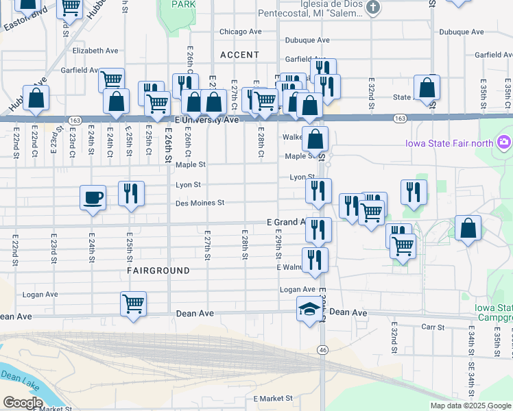 map of restaurants, bars, coffee shops, grocery stores, and more near 2807 Des Moines Street in Des Moines