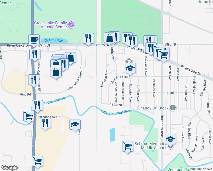map of restaurants, bars, coffee shops, grocery stores, and more near 1330 Arthur Street in Calumet City