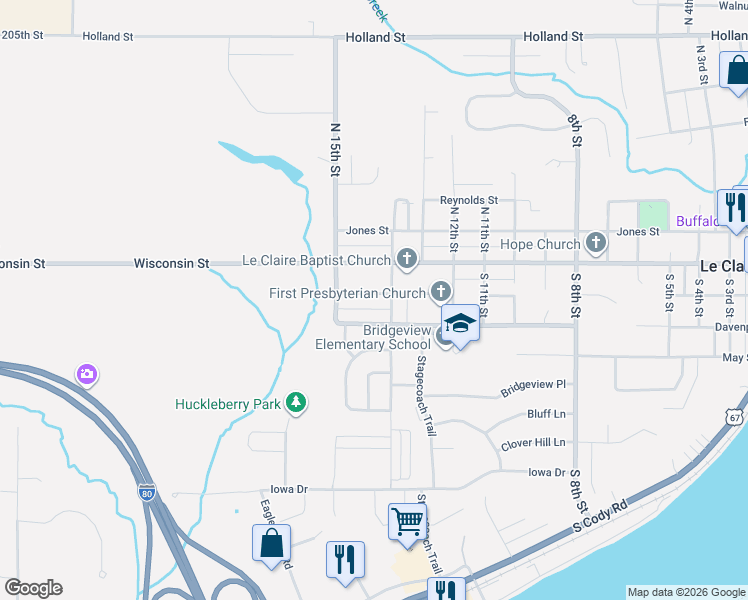 map of restaurants, bars, coffee shops, grocery stores, and more near 1416 Dodge Street in Le Claire