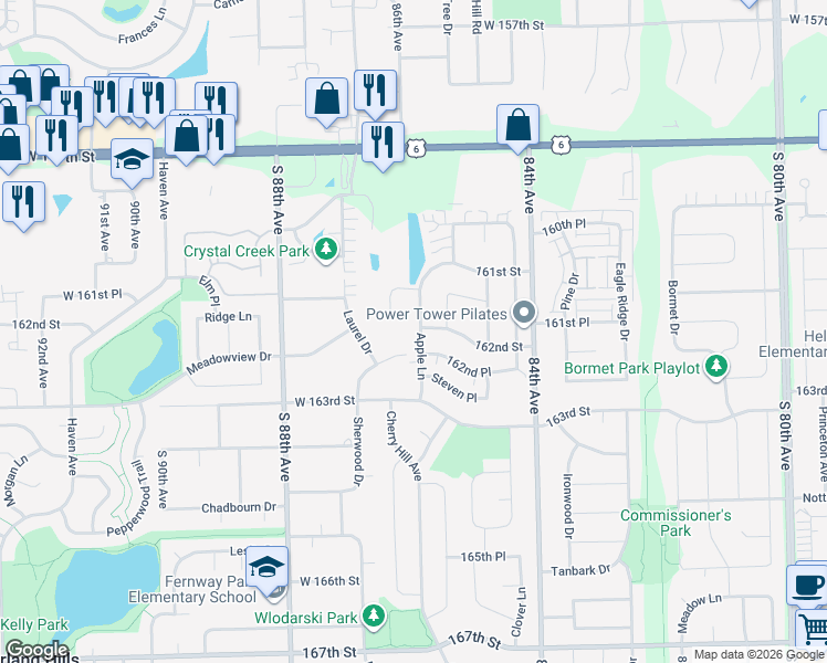 map of restaurants, bars, coffee shops, grocery stores, and more near 16200 Apple Lane in Tinley Park