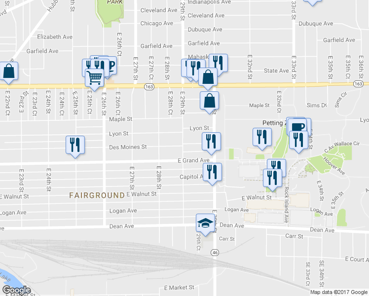 map of restaurants, bars, coffee shops, grocery stores, and more near 2901 Des Moines Street in Des Moines