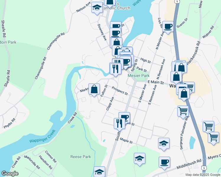 map of restaurants, bars, coffee shops, grocery stores, and more near 3 Prospect Street in Wappingers Falls