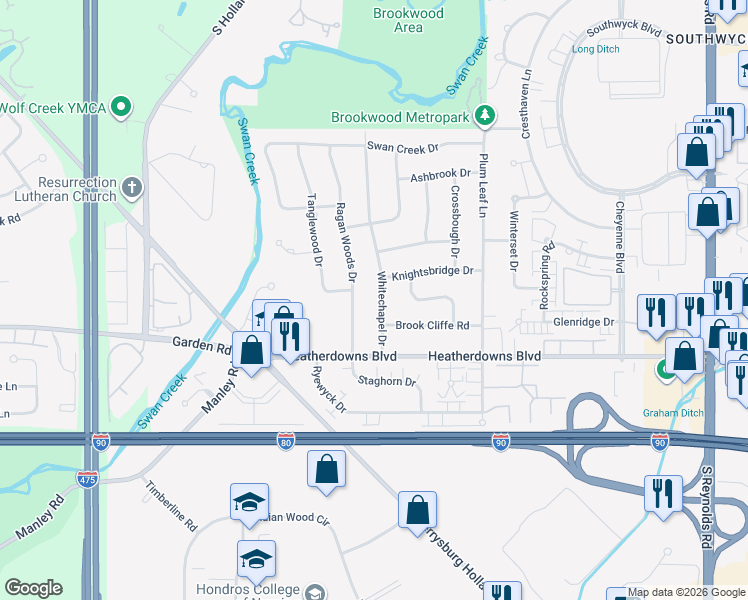 map of restaurants, bars, coffee shops, grocery stores, and more near 2404 Whitechapel Dr in Toledo