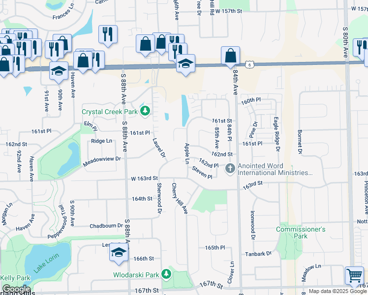 map of restaurants, bars, coffee shops, grocery stores, and more near 16200 Apple Lane in Tinley Park
