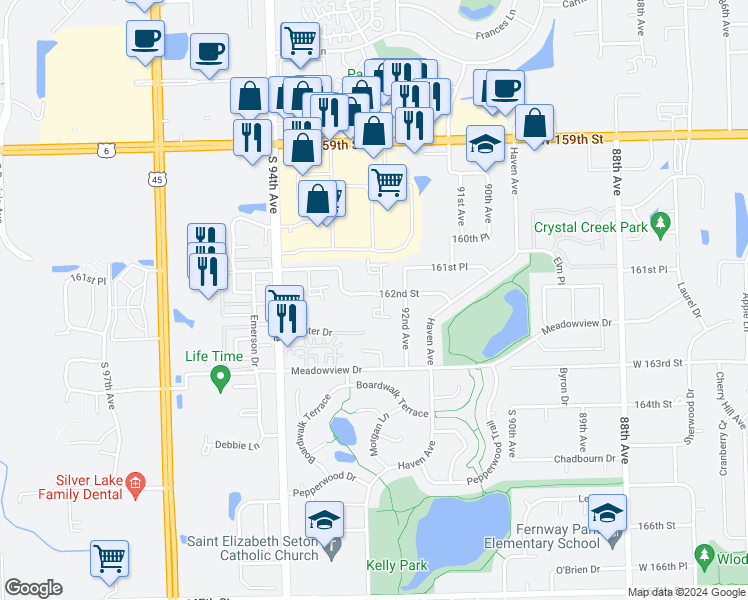 map of restaurants, bars, coffee shops, grocery stores, and more near 9225 162nd Street in Orland Hills