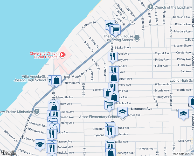 map of restaurants, bars, coffee shops, grocery stores, and more near 320 E 195th St in Euclid
