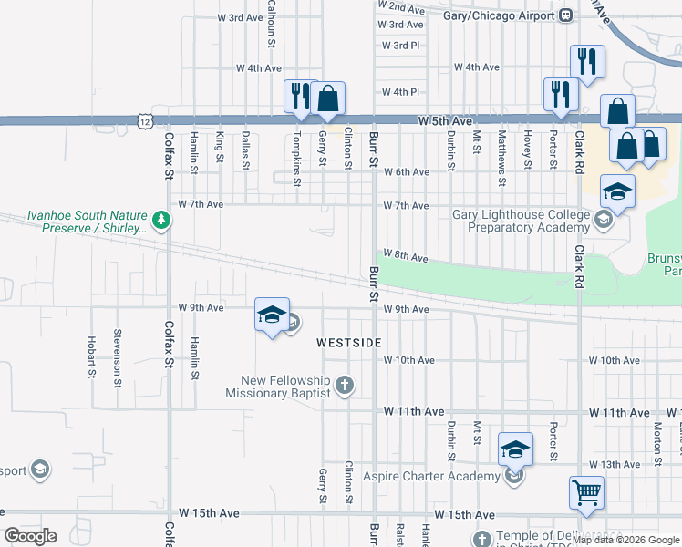 map of restaurants, bars, coffee shops, grocery stores, and more near 822 Clinton Street in Gary