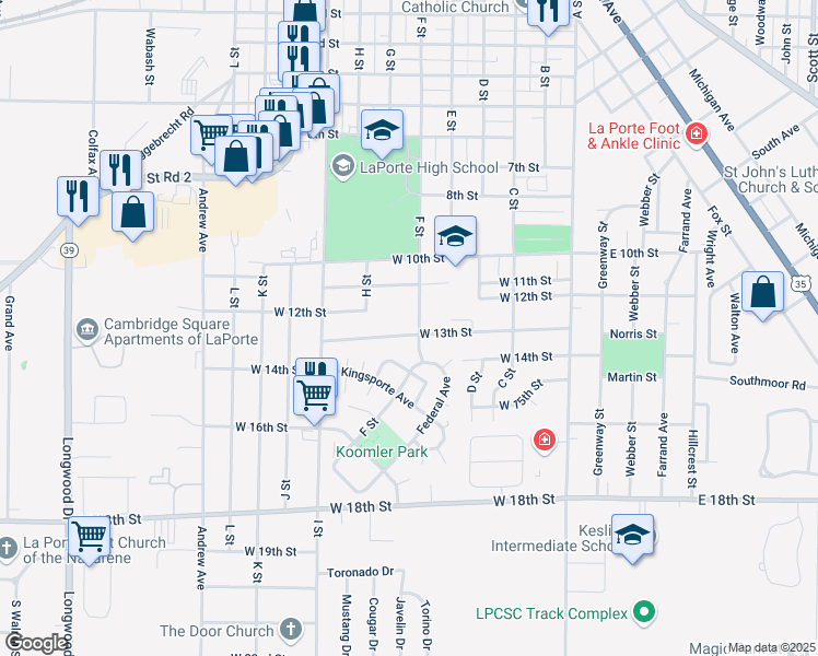 map of restaurants, bars, coffee shops, grocery stores, and more near 601 West 13th Street in La Porte