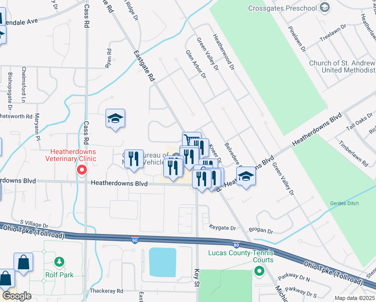 map of restaurants, bars, coffee shops, grocery stores, and more near 2368 Eastgate Road in Toledo